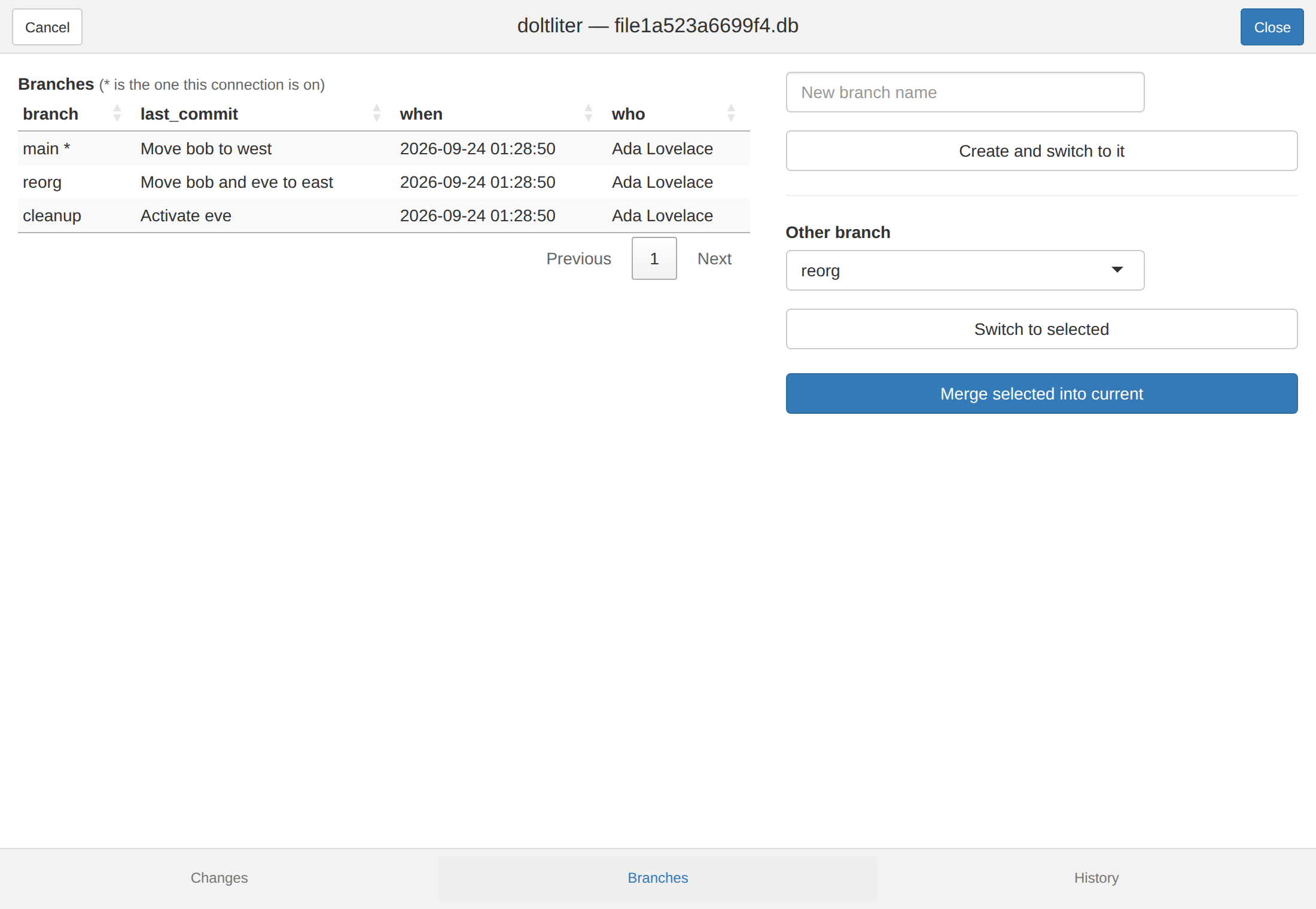 The Branches tab: the branch list with the current branch marked, and controls to create, switch and merge