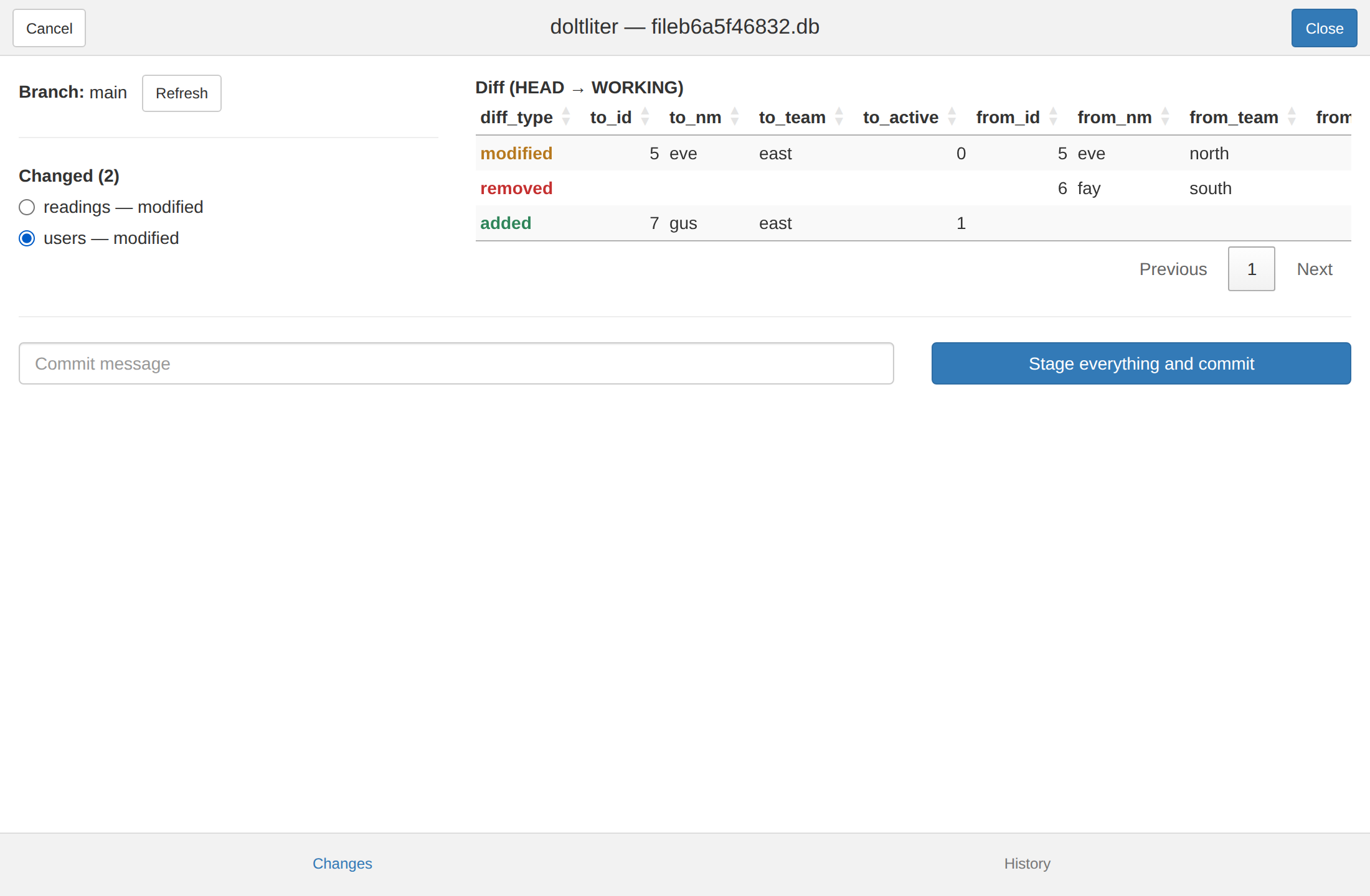 The Changes tab: two modified tables, the diff for one of them, and the commit box